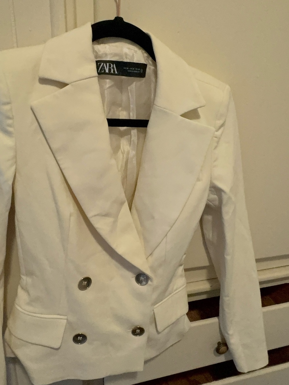 Zara White Double-Breasted Notch Lapel Blazer small stain on left side